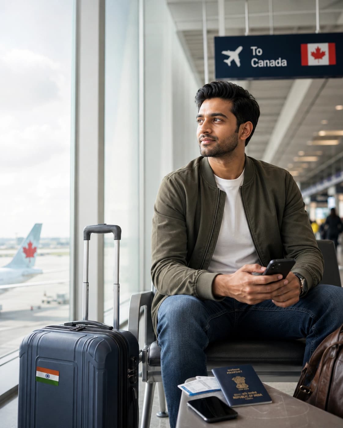 Traveller checking their phone before their trip to Canada