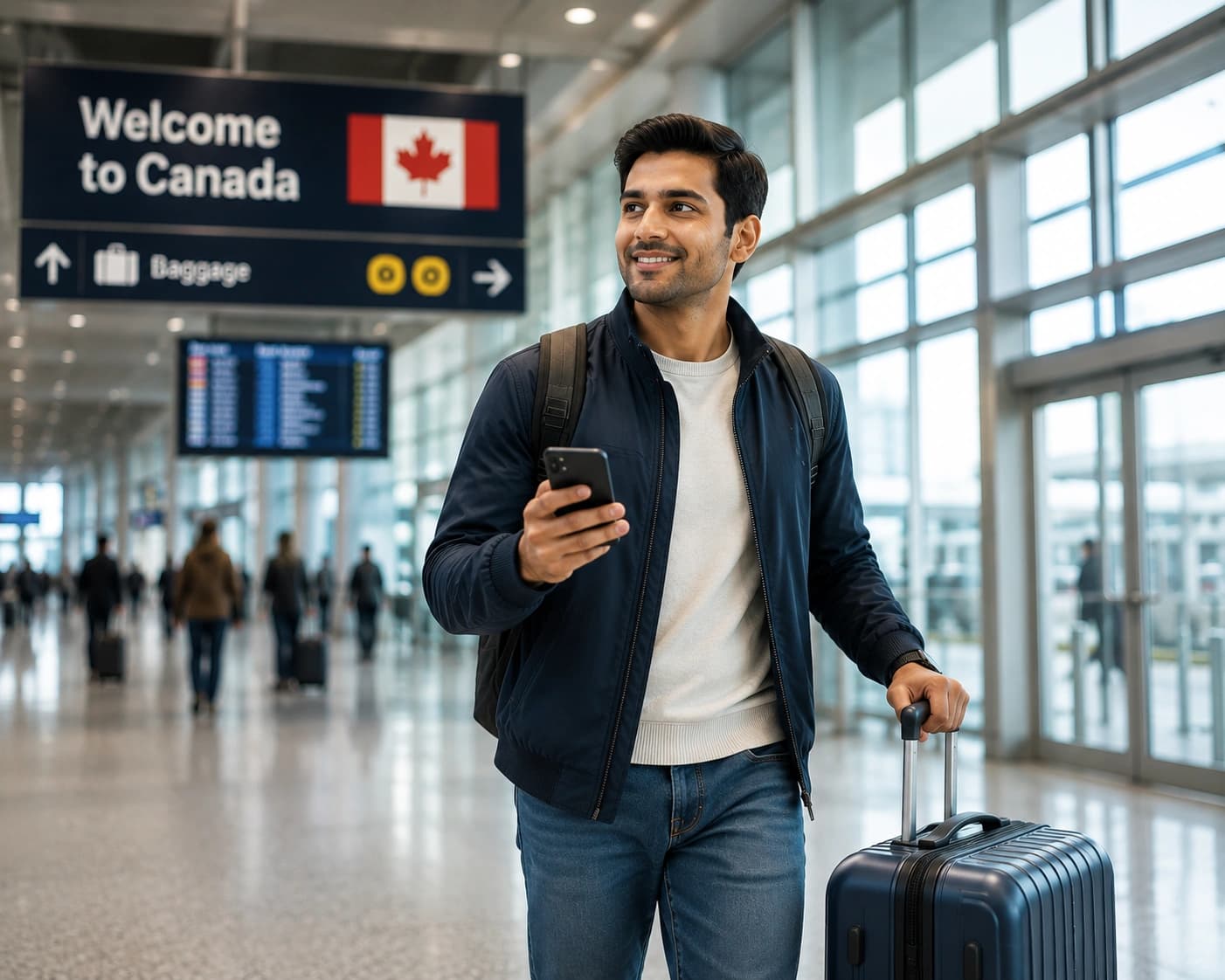 Traveller from India arriving at a Canadian airport and checking their phone