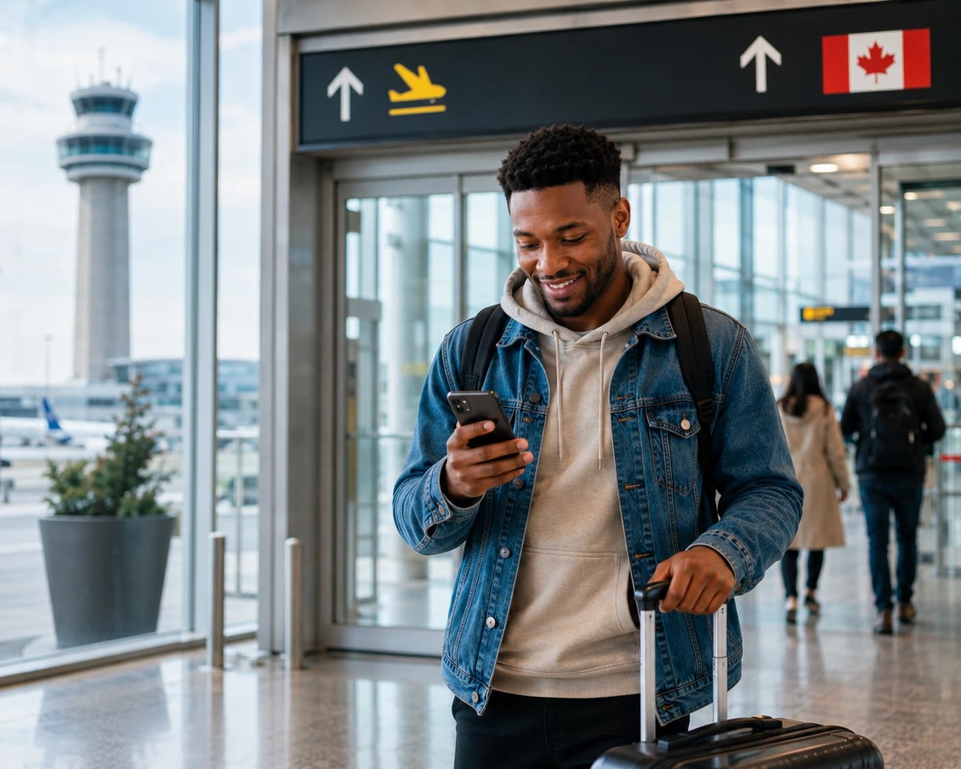 Traveller from Nigeria arriving at a Canadian airport and checking their phone