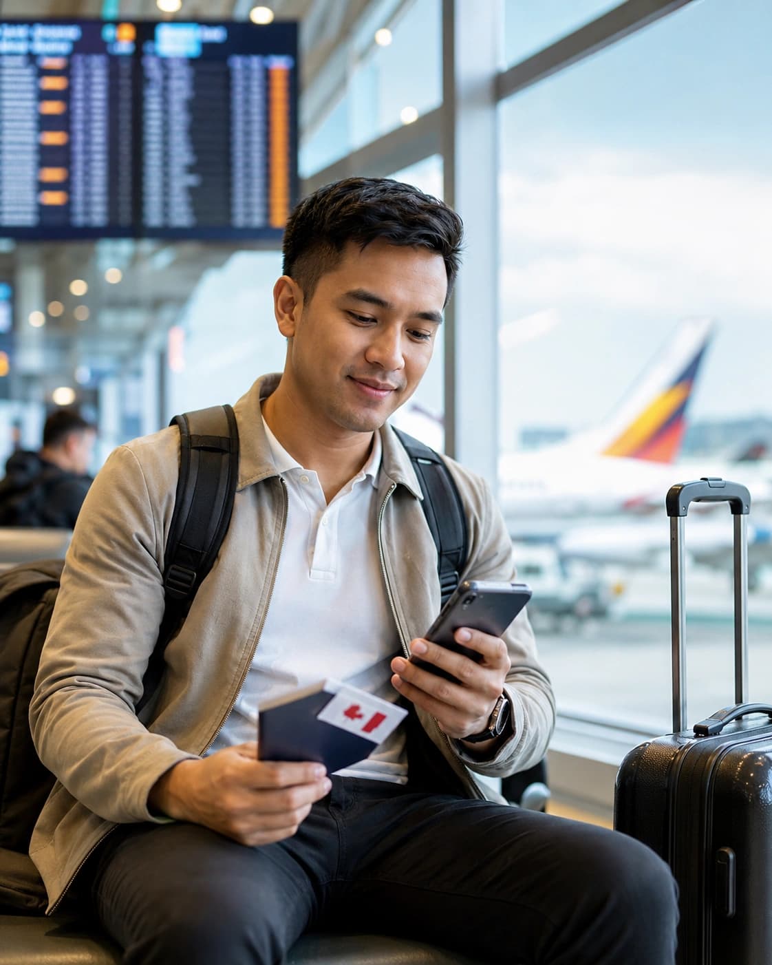 Traveller checking their phone before their trip to Canada