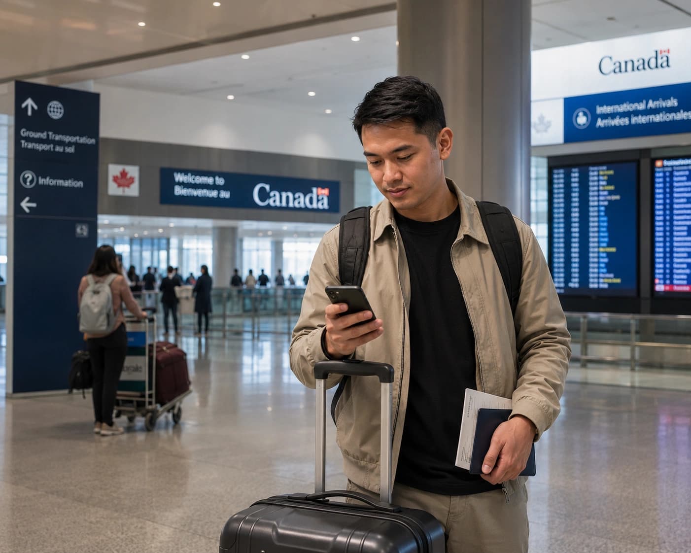 Traveller from the Philippines arriving at a Canadian airport and checking their phone