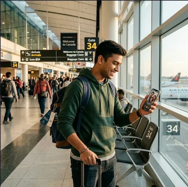 Traveller video-calling family from the arrivals area of a Canadian airport