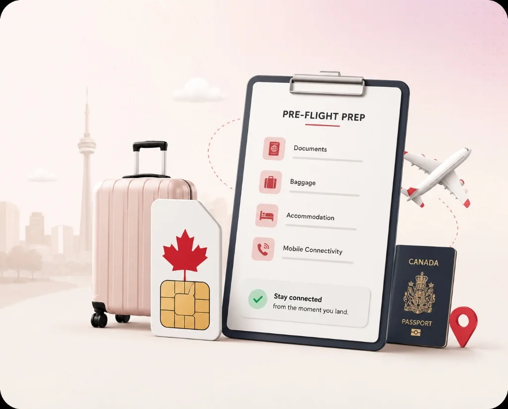 Pre-flight prep checklist for Canada SIM card, passport, and travel essentials